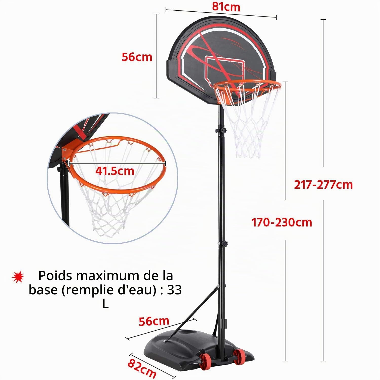 Yaheetech Panier de Basket Hauteur Réglable 170 cm à 230 cm Portable pour Extérieur avec Panneau Panier de Basket sur Pied Noir