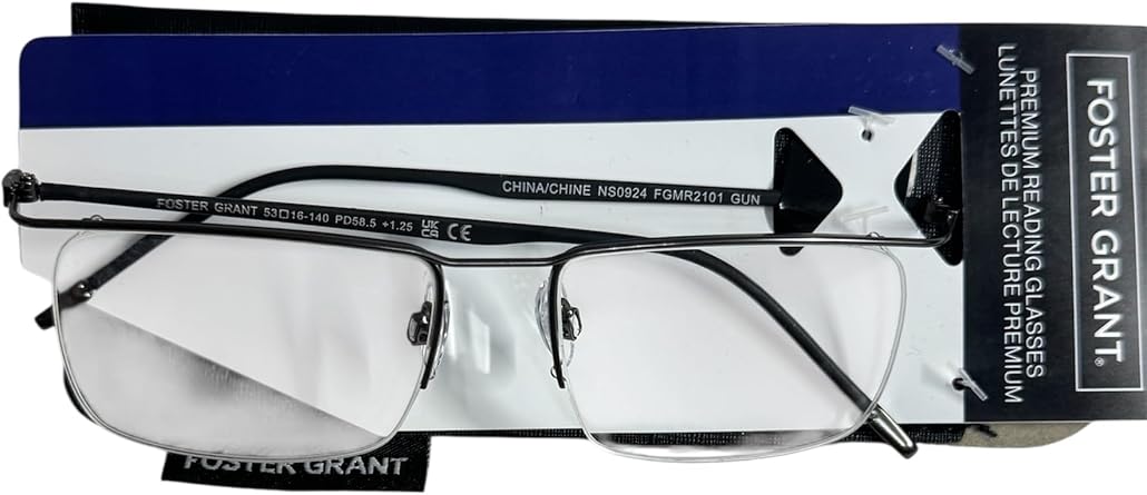Foster Grant Premium Reading Glasses, Gunmetal Black Frame, +1.25 Magnification, Half-Rim Metal Design FGMR2101