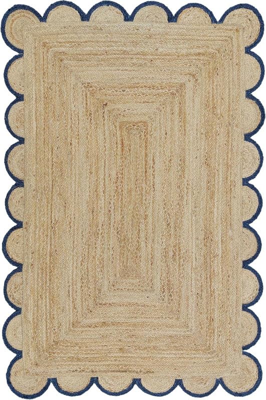 Aizza Trends Alfombra cuadrada de yute festoneado natural azul marino de 3 pies – Tapete trenzado ecológico hecho a mano para sala de estar, dormitorio y entrada