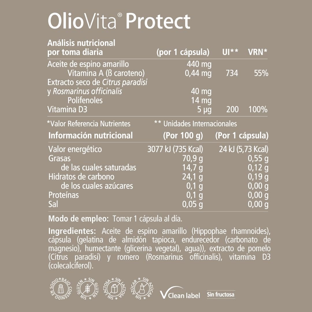 Vitae OlioVita Protect 30 Cápsulas | Fotoprotector con Espino Amarillo | Con Antioxidantes (Extracto de Pomelo y Romero) y Vitamina D | Fotoprotector UVA, UVB | Alergia al Sol, Quemaduras y Manchas
