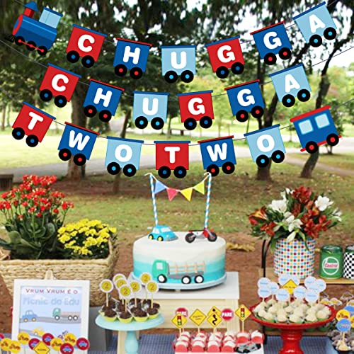 Funmemoir Chugga Chugga Two Two Banner, Train Happy Birthday Garland, Choo Choo Im Two Party Supplies, Railroad Birthday Party Decorations For Boys Train Theme 2Nd Party Decor #TOP3