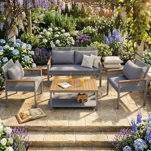 Yihomfy Salon de Jardin 5 Pièces en Rotin Tressé avec Coussins - Canapé 2 Places, 2 Fauteuils, Table Basse, Mobilier Terrasse Métal & Acacia, Noir/Gris...