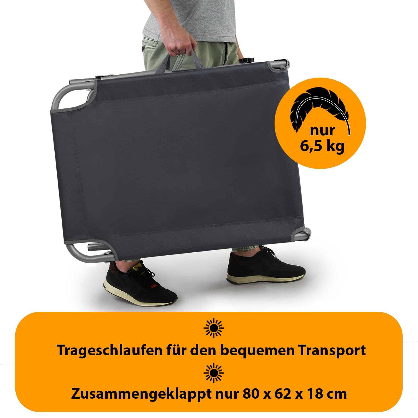 Montafox Sonnenliege 195 x 59 x 32 cm Strand Liege Tragbar max.150 kg Sonnendach Verstellbar Rückenlehne Garten Pool Terrasse Klappbarer Liegestuhl, Farbe:grau
