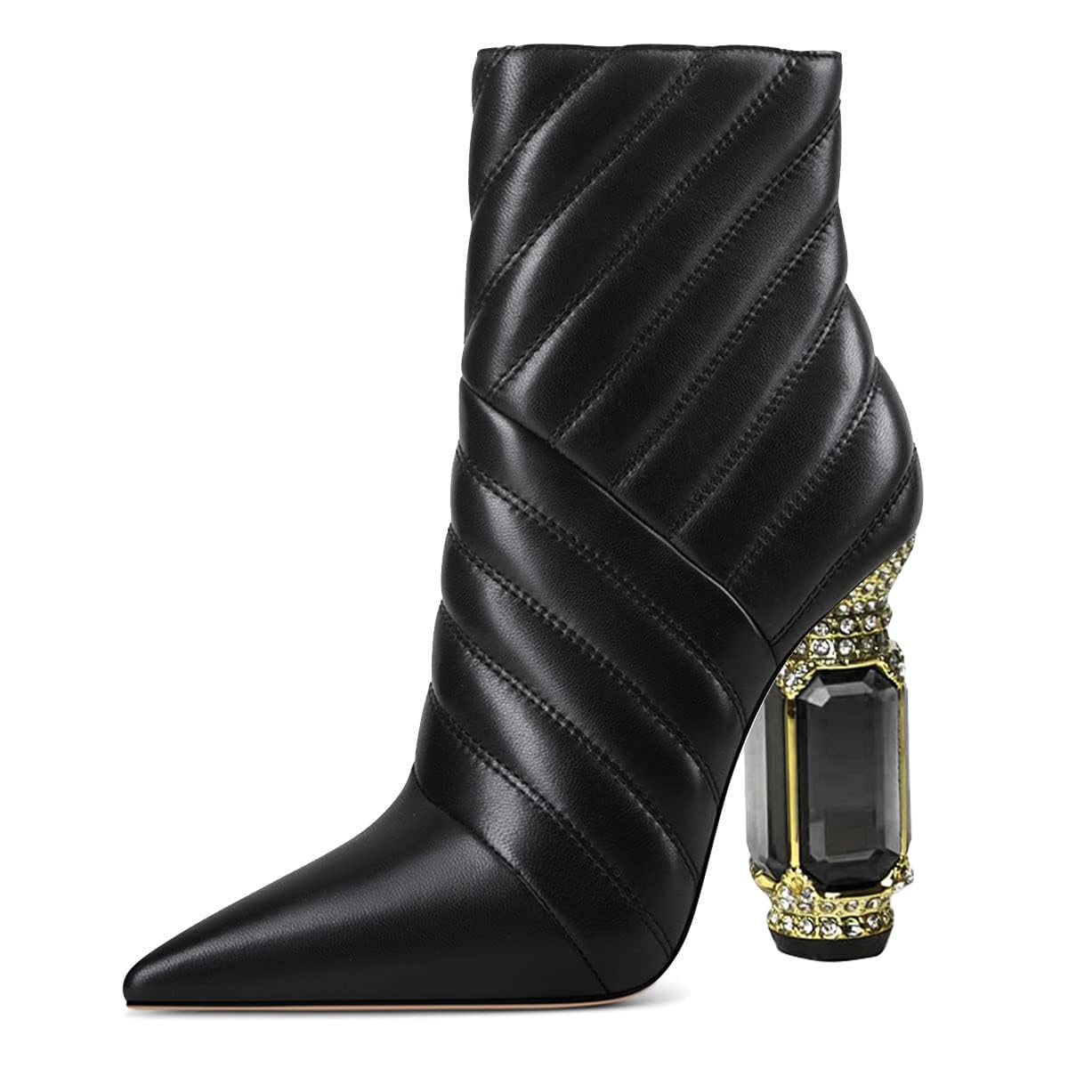 FSJ Women Sparkly Crystal Block High Heel Pointed Toe Ankle Boot Side Zipper Wedding Party Banquet Dress Shoes Size 4-15 US