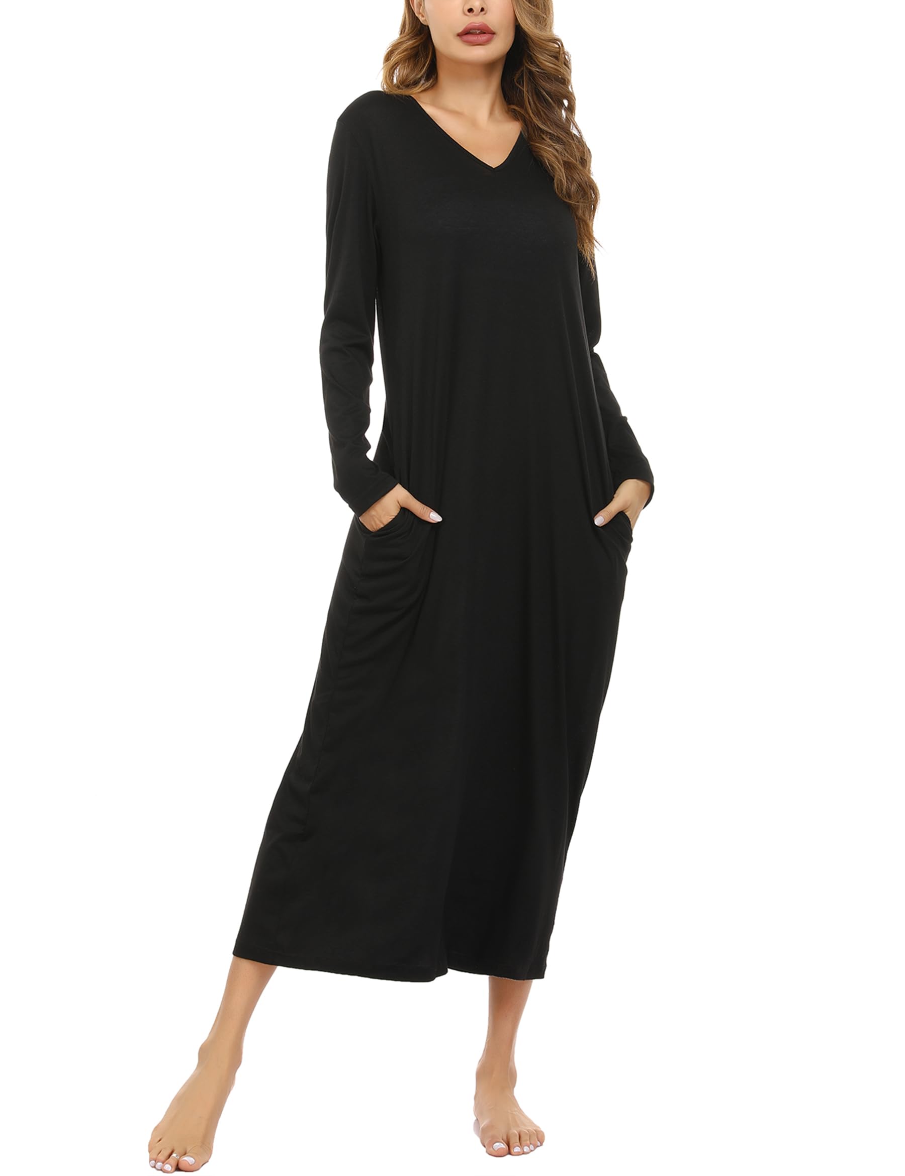 Sykooria Camicia da Notte Manica Lunga Donna a V Camice da Notte in Cotone Lungo Camicia da Notte Invernale con Tasche,Pigiama Comodo Ampio Tinta Unita Abbigliamentoda Casa S-3XL
