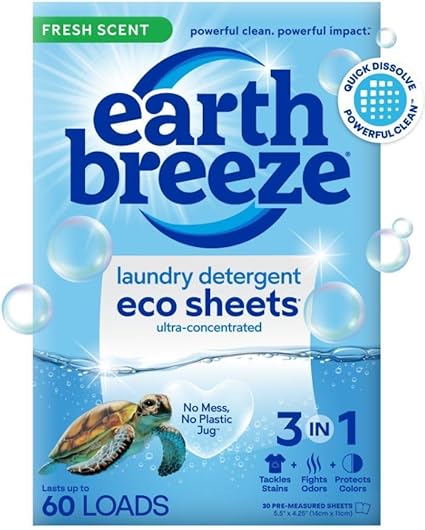 Earth Breeze Laundry Detergent Sheets Fresh Scent - 60 Loads Eco Liquidless Soap - Travel-Friendly for Hot & Cold Cycles, Tackles Tough Stains & Odors - Gentle on Skin, 30 Ct Earth Breeze Laundry Detergent Sheets Fresh Scent - 60 Loads Eco Liquidless Soap - Travel-Friendly for Hot & Cold Cycles, Tackles Tough Stains & Odors - Gentle on Skin, 30 Ct