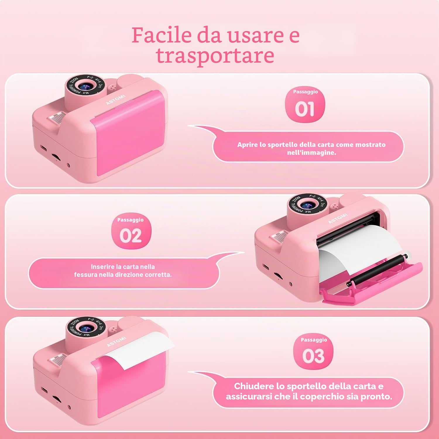 ASTGMI Macchina Fotografica Bambini Istantanea, 2,4 Pollici 1080P Fotocamera Bambini Selfie con Carta da Stampa e 32GB Scheda, Giocattolo Regalo di Natale Bambino e Bambina 3 4 5 6 7 8 Anni (Rosa)