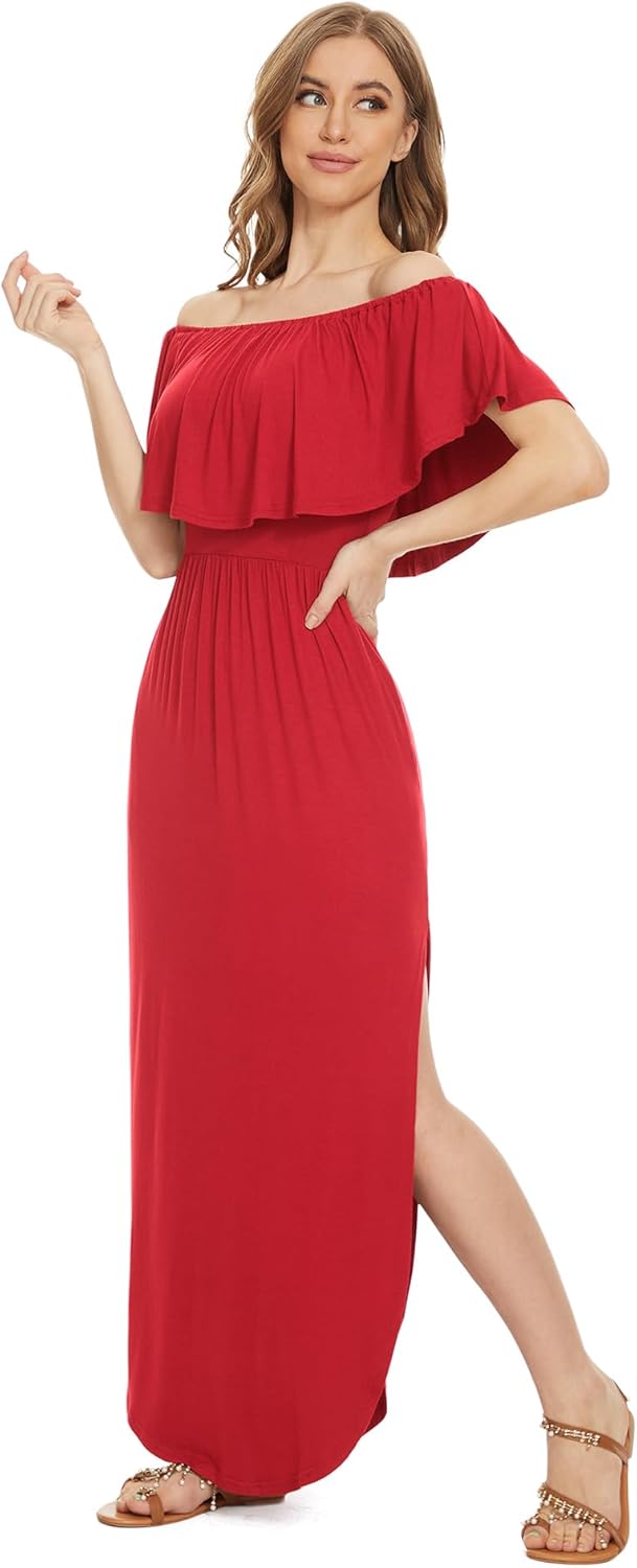 LILBETTER Womens Off The Shoulder Ruffle Party Dresses Side Split Beach Maxi Dress