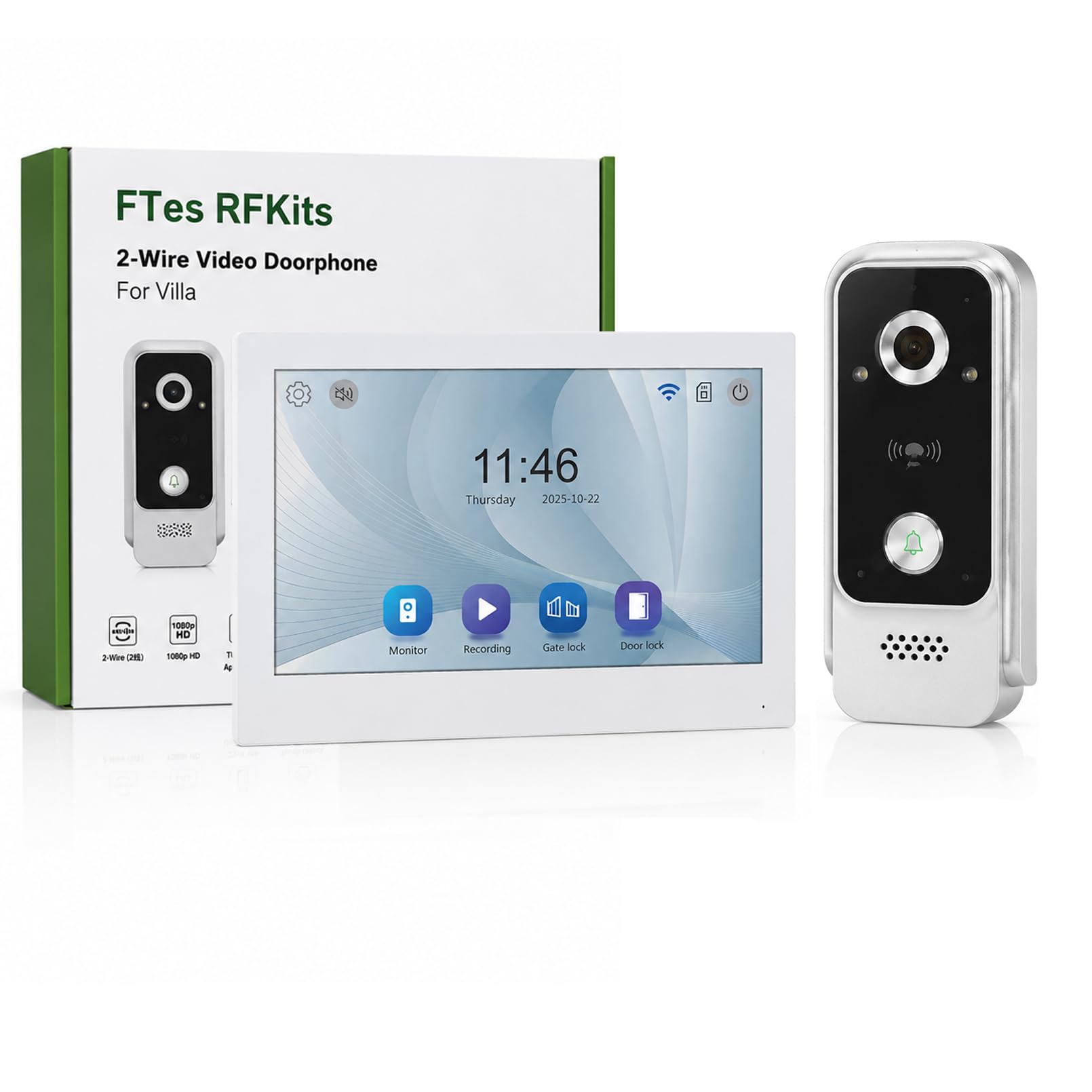 Image showing the dimensions of the indoor monitor and outdoor unit in centimeters and inches.