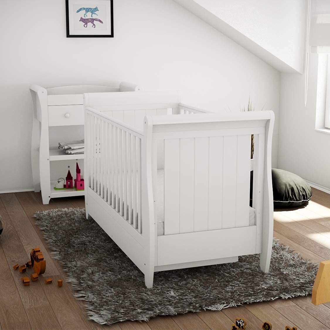 Babymore Stella Sleigh Cot Bed Drop Side with Drawer Solid Pine Wood Converts into Day Bed