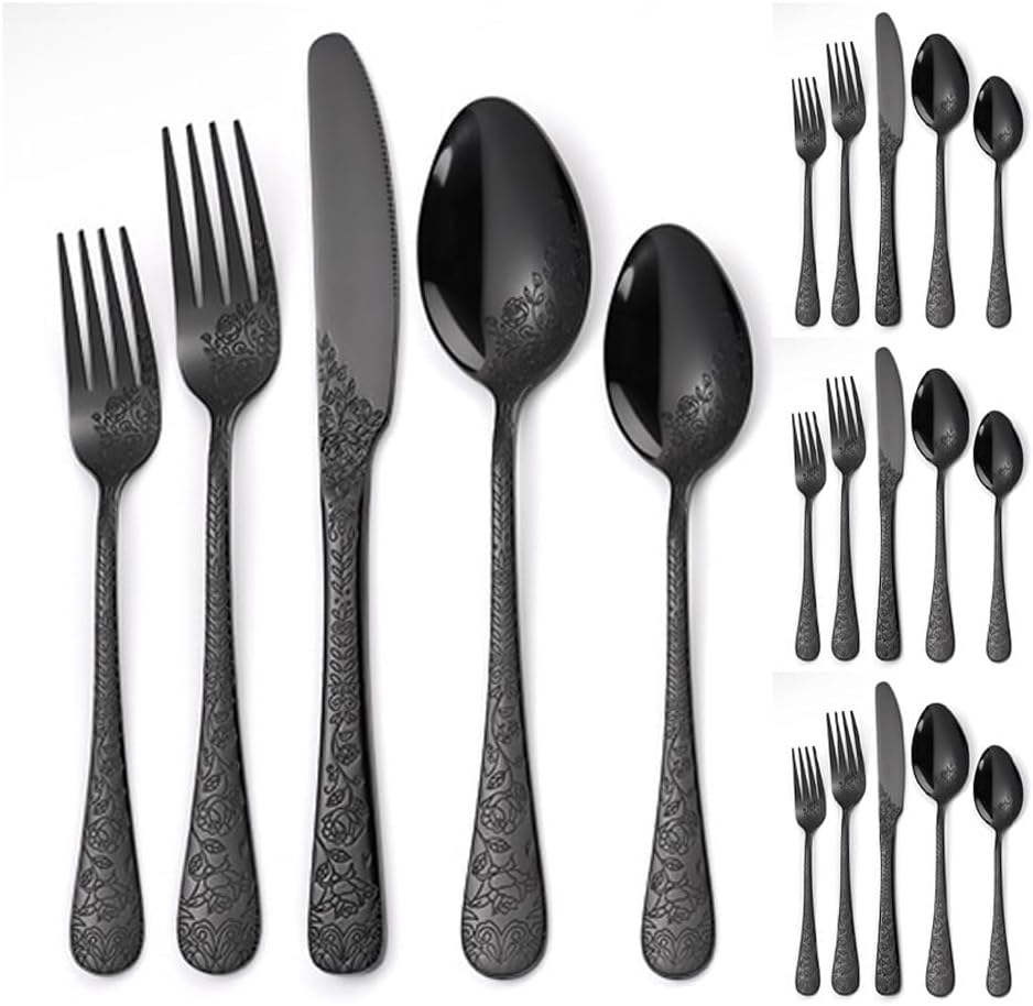 Vintage Carving Kitchen Stainless Steel Silverware Tableware Flatware Cutlery Knives Forks Spoons Set Home Steak Knife Dessert Spoon (Black,20 pieces)
