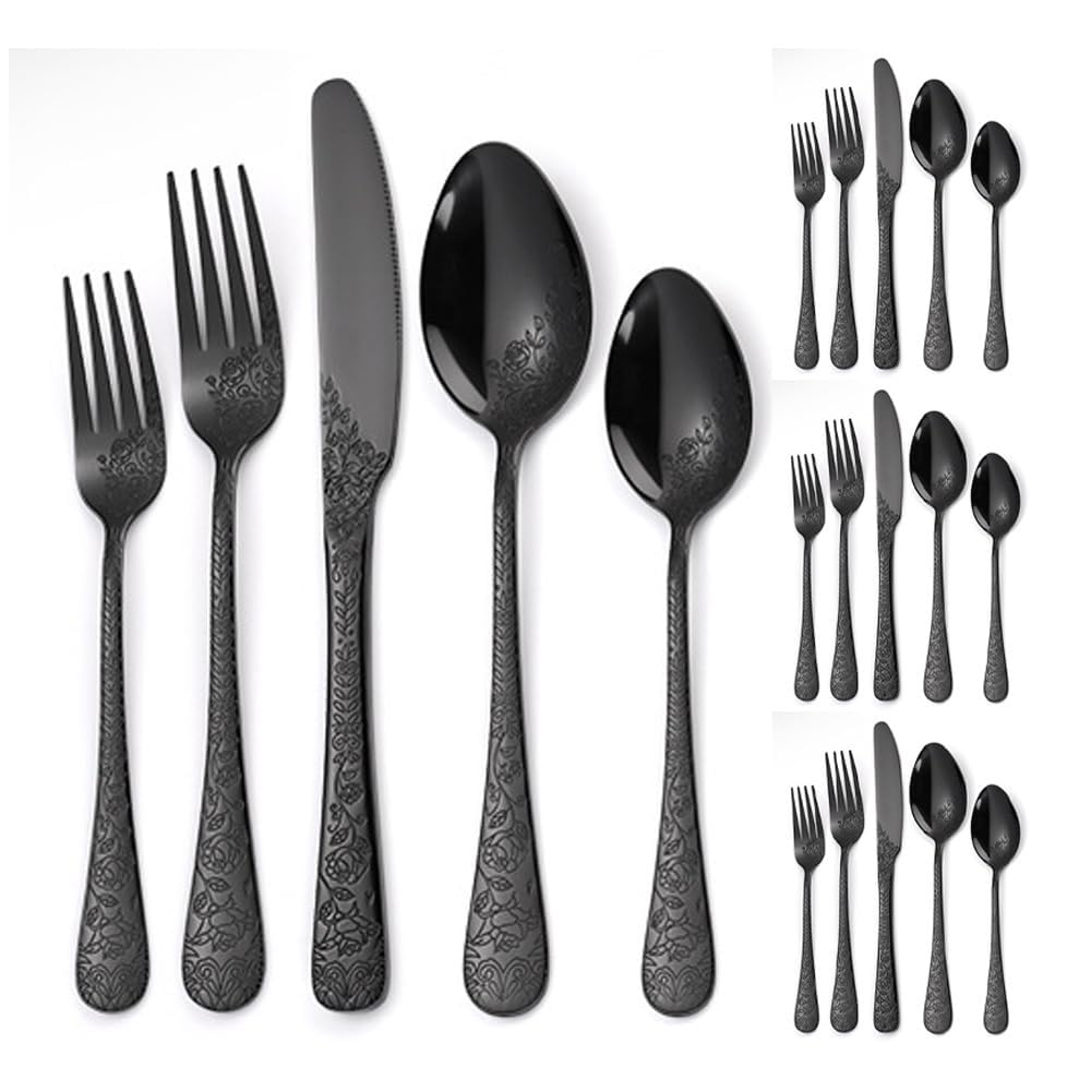 Vintage Sculpture Cuisine En Acier Inoxydable Argenterie Vaisselle Couverts Couverts Couteaux Fourchettes Cuillères Ensemble Maison Couteau À Steak Cuillère À Dessert (Noir,20 pièces)