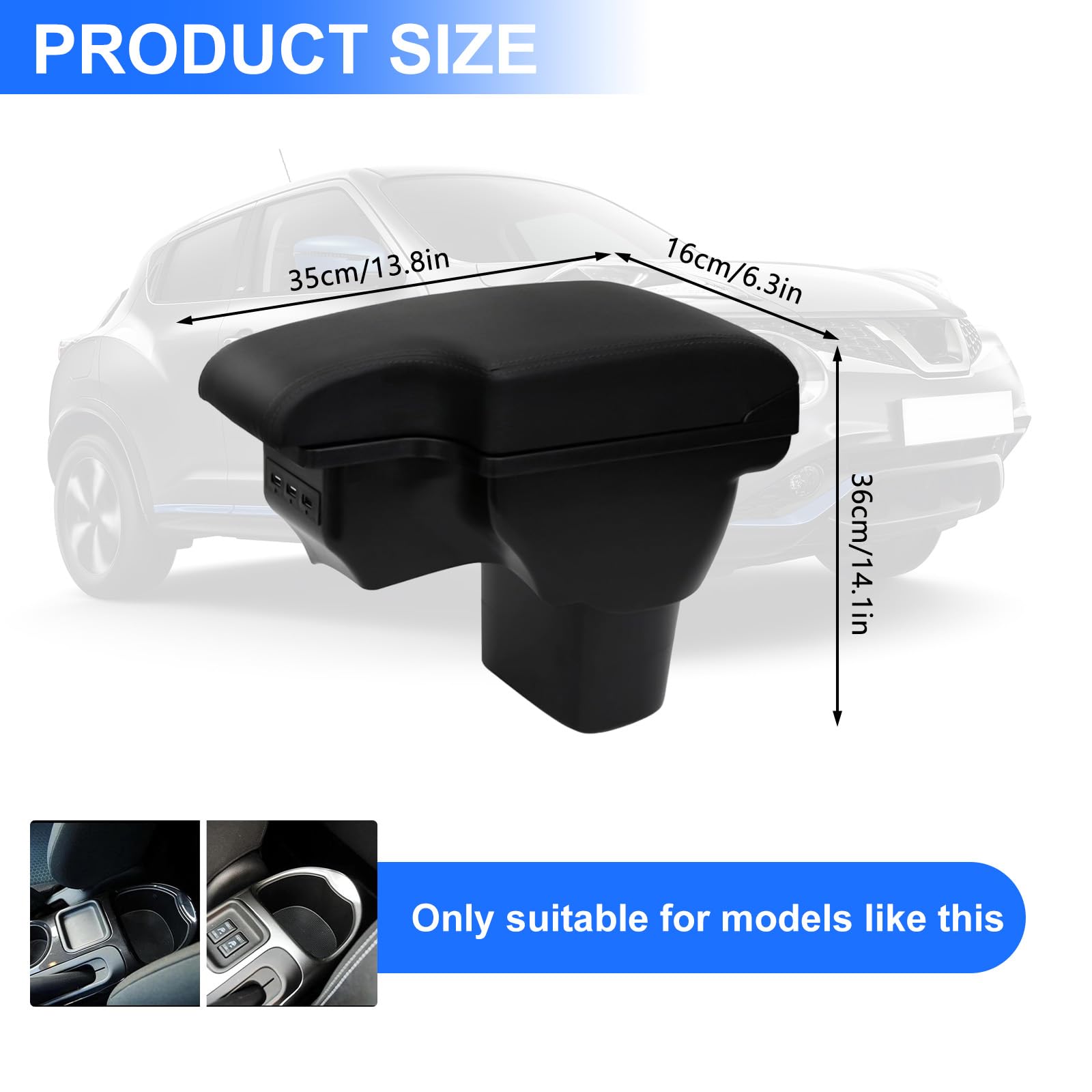 Apoyabrazos Compatible con Nissan Juke/Infiniti ESQ 2011-2019 Apoya Brazos Coche Consola Reposabrazos Central Tapizado Caja de Almacenamiento Cuero con 3 Puertos USB - Línea Negra