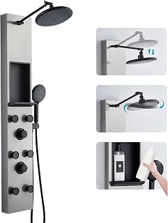 3 in 1 Duschpaneel mit Ablage and Höhenverstellbar 20cm Kopfbrause, 5 Funktionen Duschsäule mit 6 Körperdüsen Handbrause Wanneneinlauf, Duschsystem Duschpaneele Edelstahl Gebürstetes & Schwarz