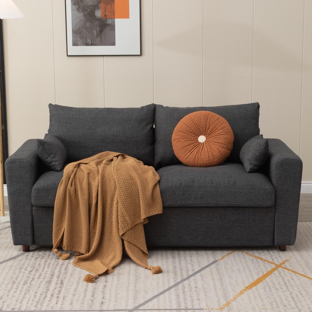 Panana Upholdered Sofa Loveseat Couch Fabric Wooden Legs with Under Stoage for Living Room, Dining Room, Office (Dark Grey Linen Fabric, 2 Seater)