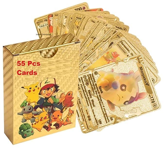 BALRAV Pook-emon 55 PCS Gold Foil Card Assorted Cards TCG Deck Box - V Series Cards Vmax GX Rare Golden Cards and Common-Rare Mystery Card, Toy for Kids (Gold)