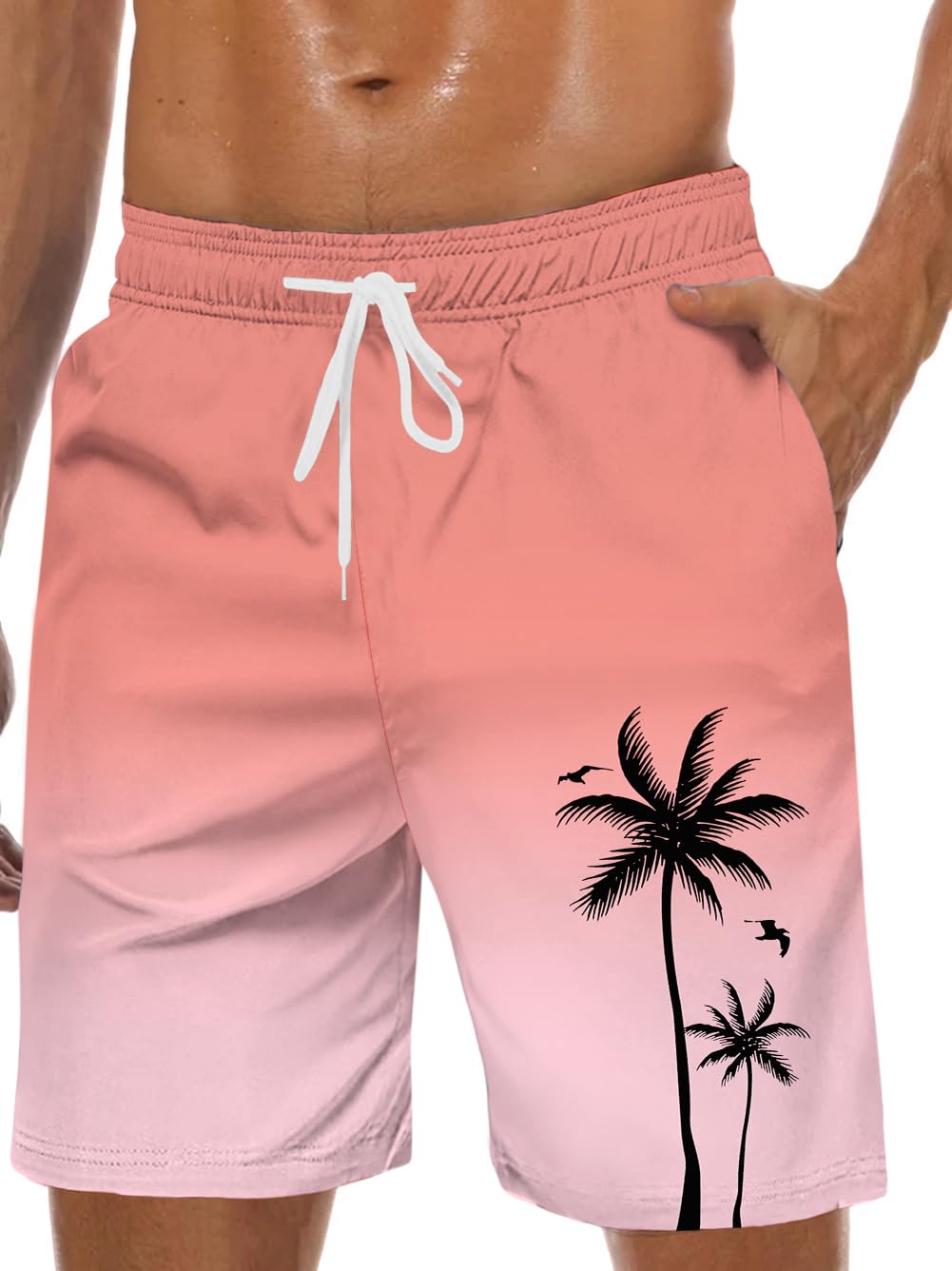 Men's Swim Trunks Hawaiian Bathing Mesh Lining Suit Swimsuits Beach Shorts with Pockets, Color Ramp-Pink, M