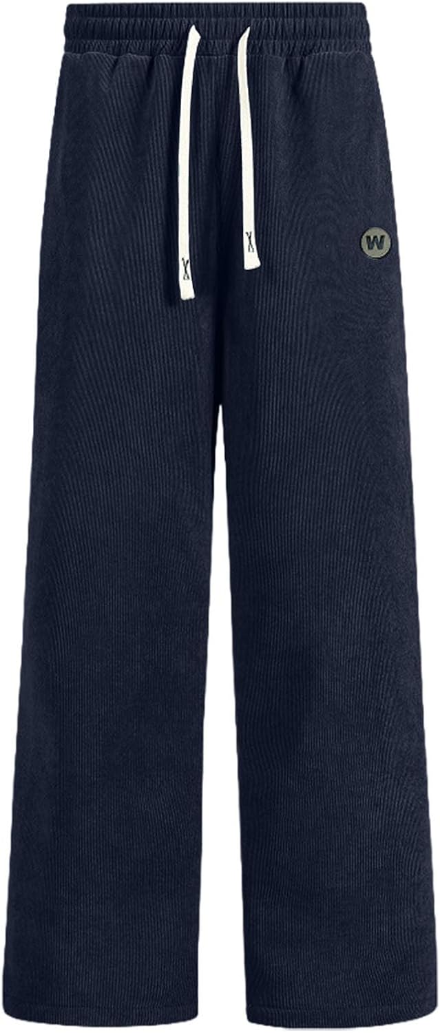 Mens Corduroy Casual Pants Fashion Loose Fit Wide Leg Pants Straight Sweatpants Elastic Waist Drawstring