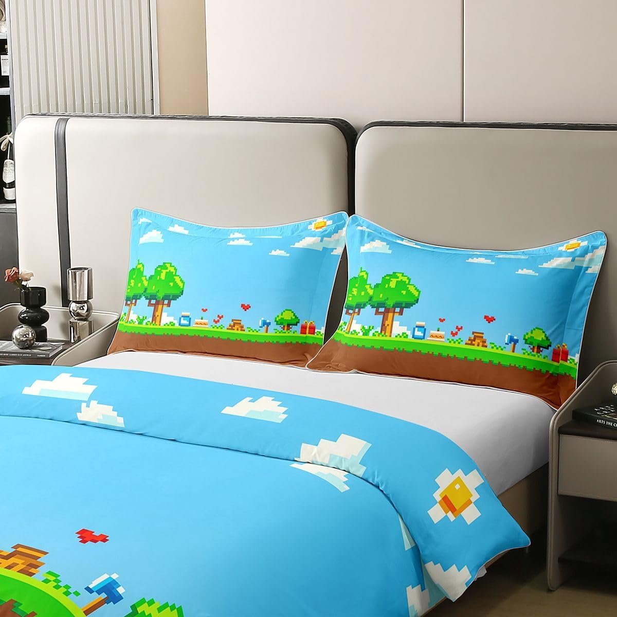Castle Fairy Pixel Landscape Twin Size 100% Cotton Duvet Cover,Video Gamer Bedding Set 2Pcs for Kid Girl Boy Room Decor,Pixelated Block Comforter Cover,Retro Gaming 1 Pillowcase No Comforter image 4