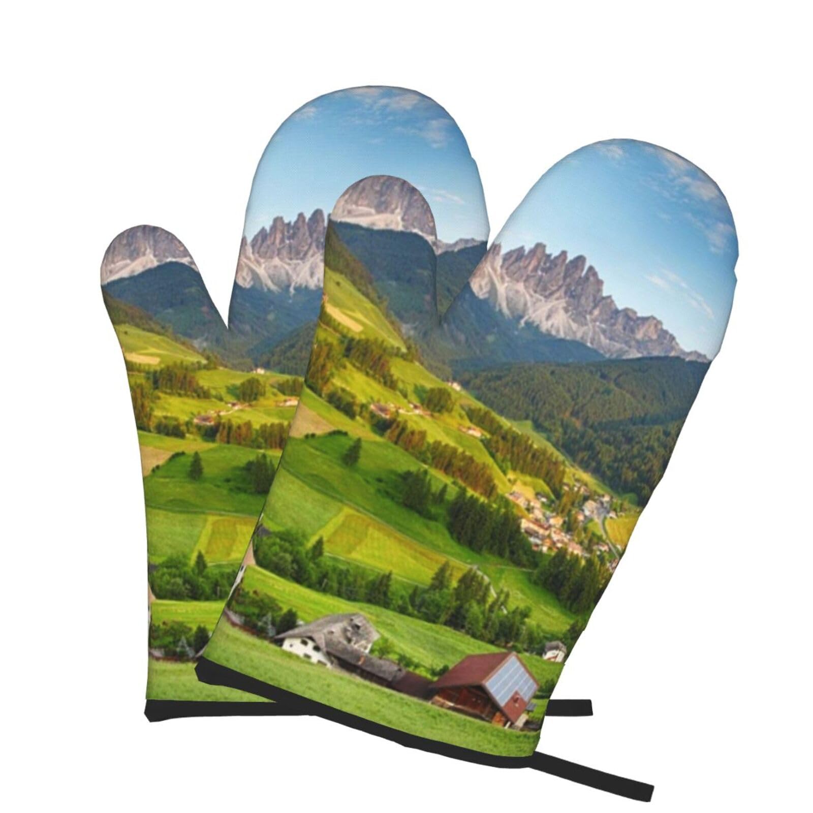 Oven Mitts Set of 2 Pcs, Village Scenic Prints Heat Resistant Kitchen Gloves for Cooking Baking Grilling