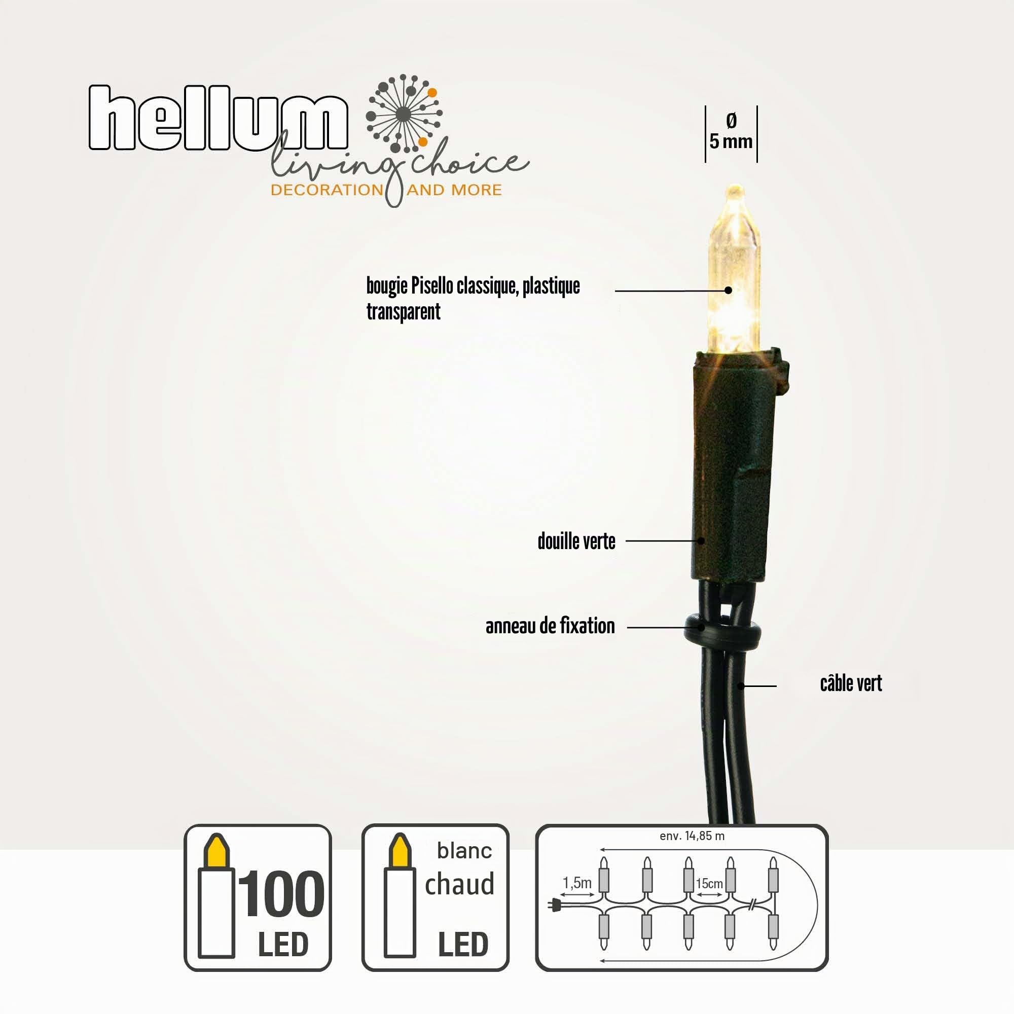 hellum 150230 Guirlande lumineuse d'intérieur avec 100 LED, blanc chaud, guirlande lumineuse longue de 14,85 m éclairée avec câble vert, guirlande lumineuse intérieure avec prise, câble d'alimentation