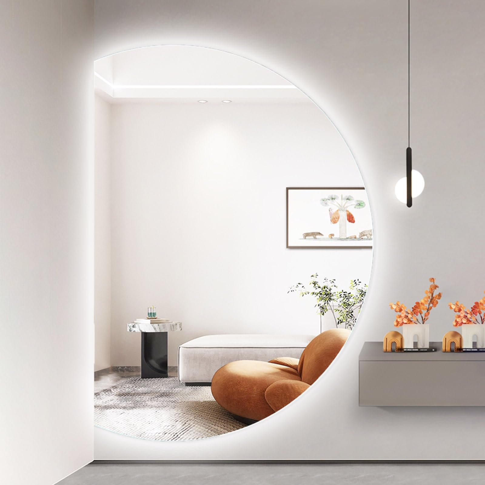 SXFSDOU Semicircle LED Bathroom Mirror 35x24 Inch Backlit 3 Color Lighted Anti-Fog Dimmable Wall Mounted Vanity with Touch Switch 43x28 Inch(Left Cut,90x60cm/35x24in)