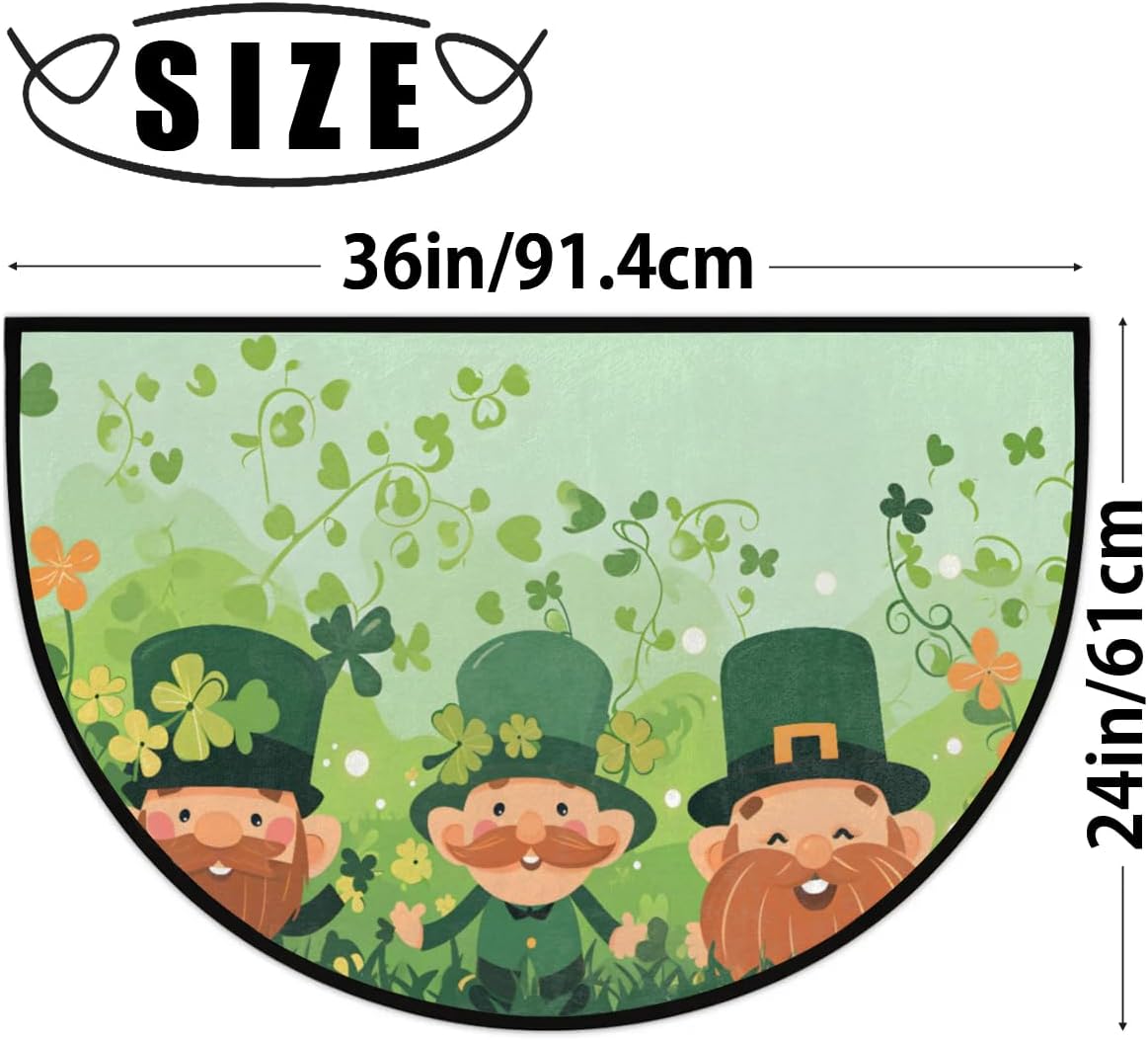Half Round Door Mat Four Leaf Clovers Dwarf St. Patrick's Day Non-Slip Semi Circle Area Rug Washable Semi Circle Floor Rug for Indoor Outdoor Living Room Bathroom Kitchen Patio Hearth Rugs Decoration