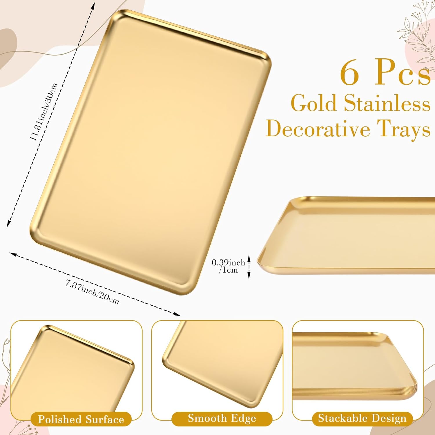 Vesici 6 Pcs Gold Metal Serving Tray Bulk Stainless Steel Rectangle Platters Decorative Vanity Makeup Jewelry Organizer Tray for Wedding Party, Buffet, Bathroom, 11.8 x 7.9 Inches