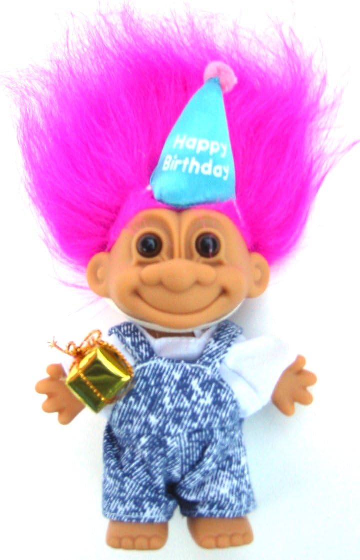 My Lucky Happy Birthday 6" Troll Dressed in Denim Overalls w/Present