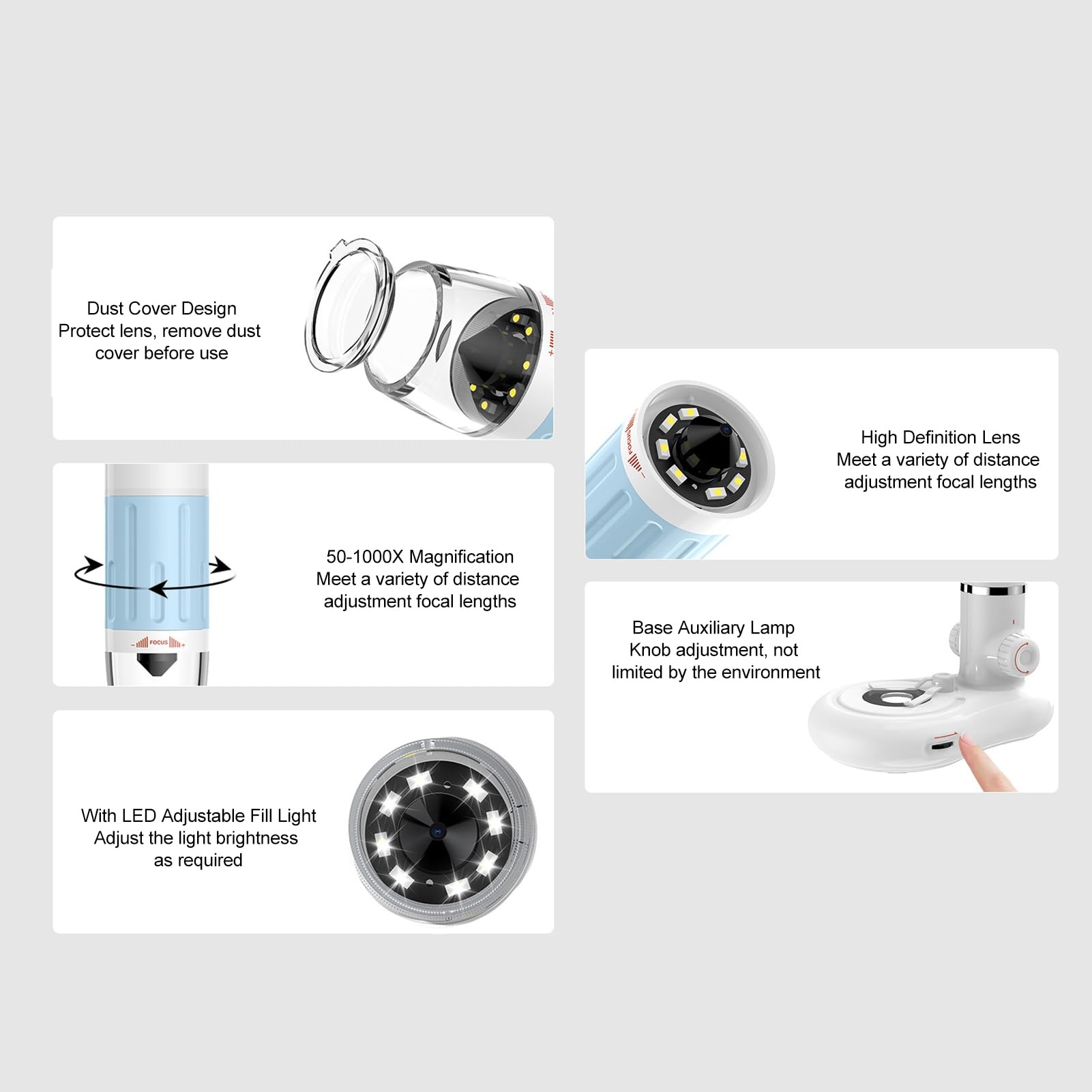Microscopio Digital para Niños, Microscopio de Bolsillo Portátil 50-1000X 8 Luces LED, Enfoque Manual, Conexión USB WiFi, para Experimentos Científicos, Observación de Plantas,