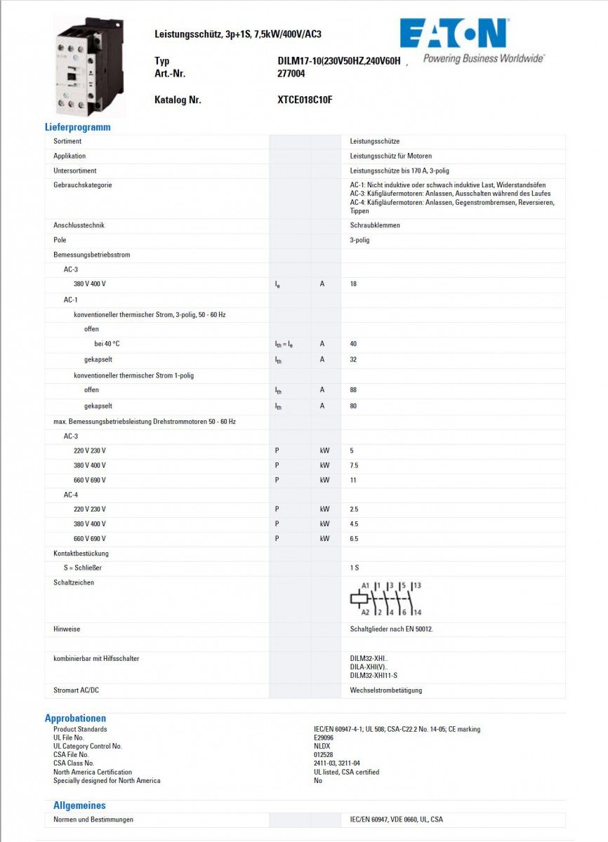 Eaton (Moeller) DILM17-10(230V50HZ) Leistungsschütz 277004 7,5kW/400V AC 4015082770044