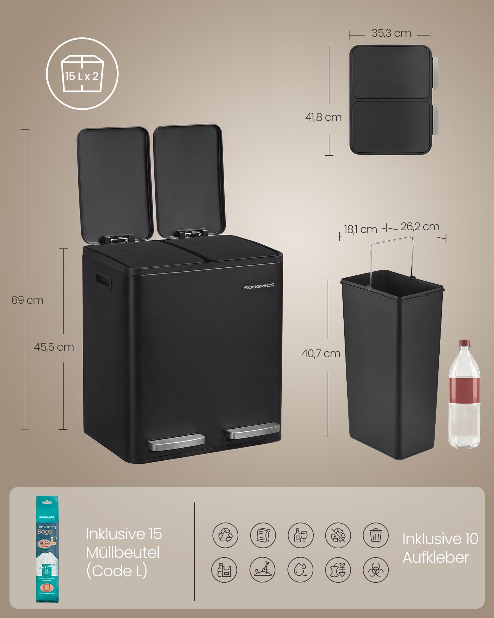 SONGMICS Mülleimer Küche 2 x 15 L Mülltrennsystem Tretmülleimer Stahl schwarz