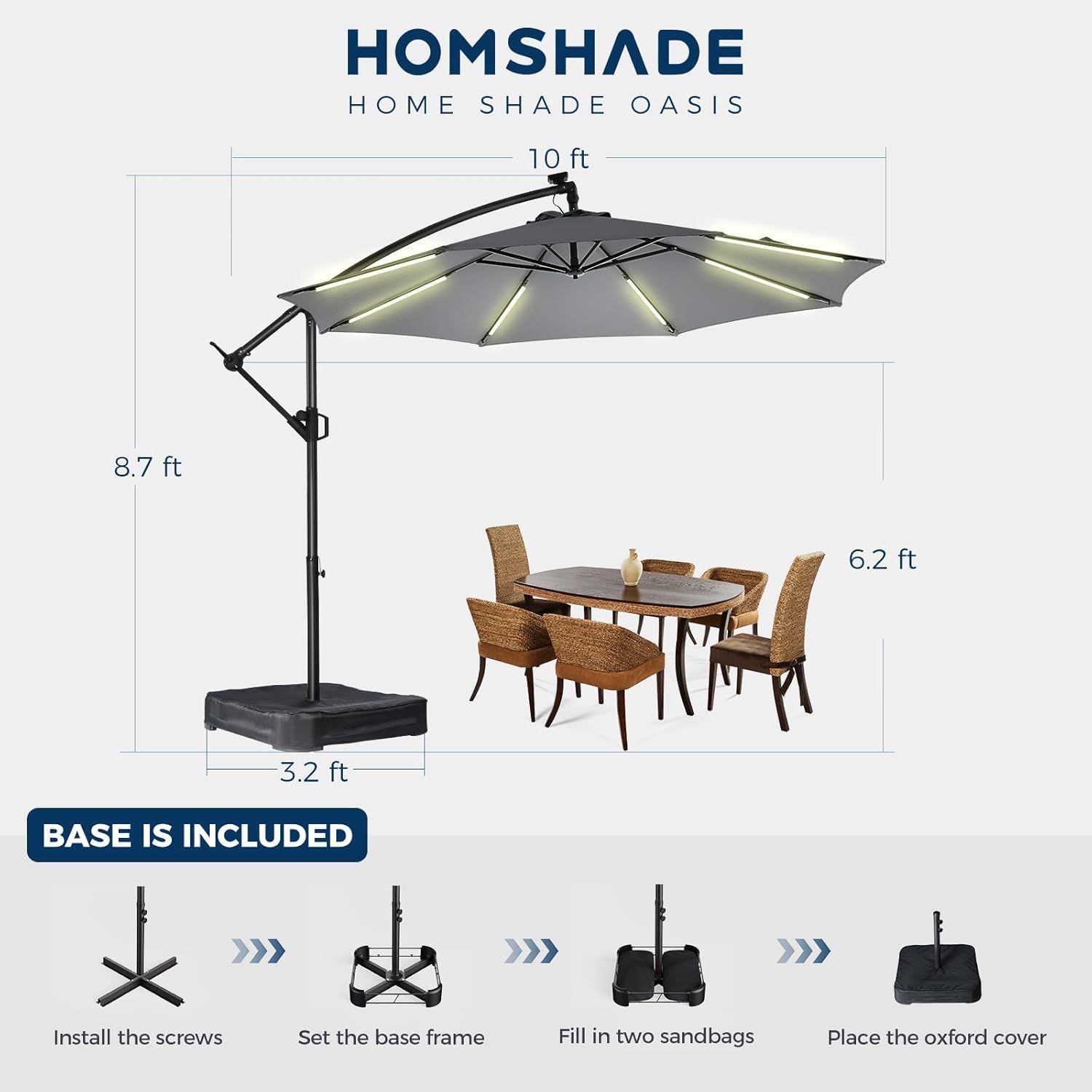 HOMSHADE 10 ft Offset Patio Umbrella with Solar Lights, LED Lighted Umbrella Outdoor Patio with Base Included, Heavy Duty Hanging Cantilever Umbrellas for Pool Deck with UV Protection&Easy Tilt, Grey