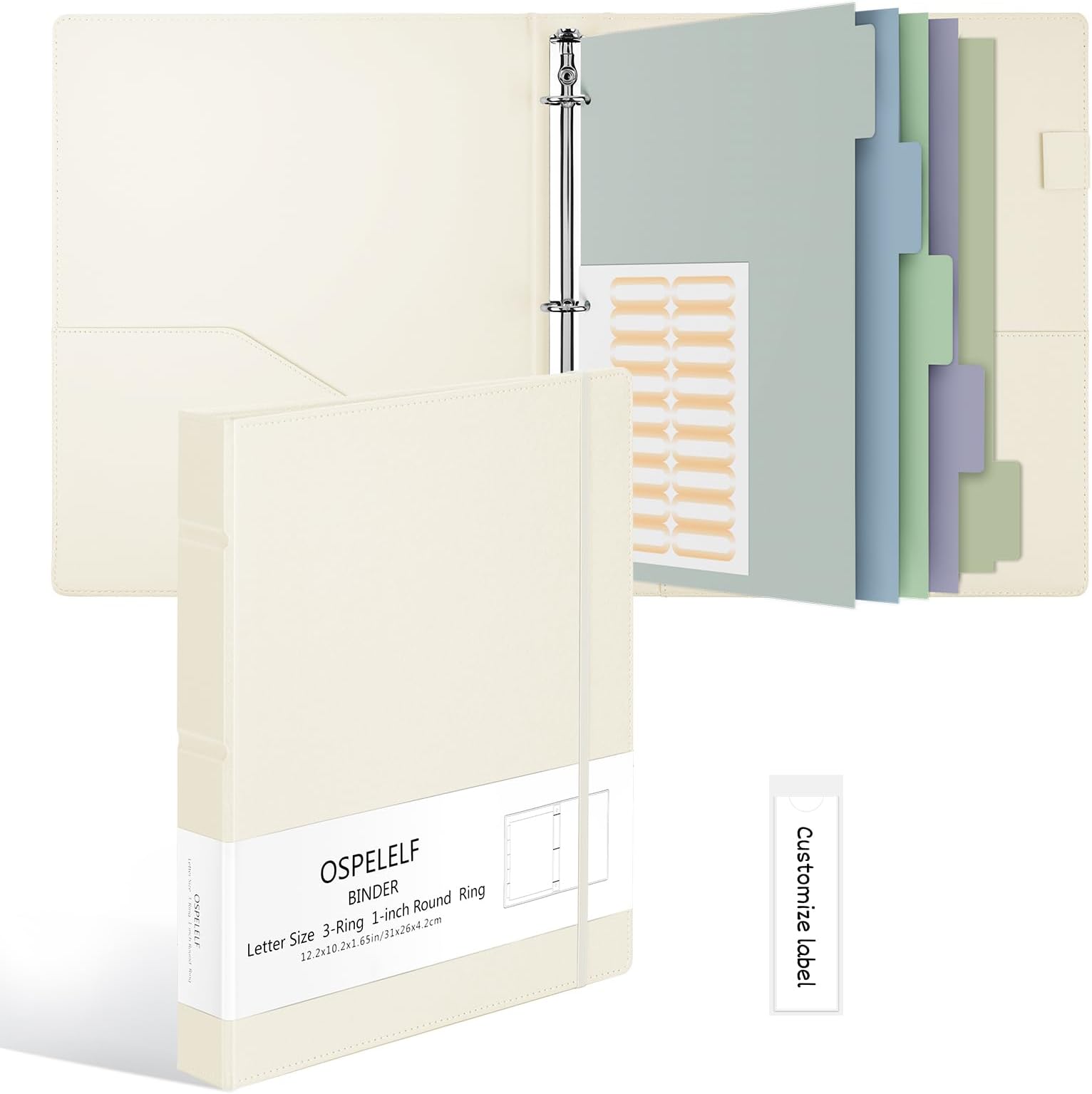 Vintage Hardcover 3 Ring 1 inch Leather Binder, Professional Binders Organizer Suitable for Letter Size Documents, Binder Dividers with Tabs, Beige