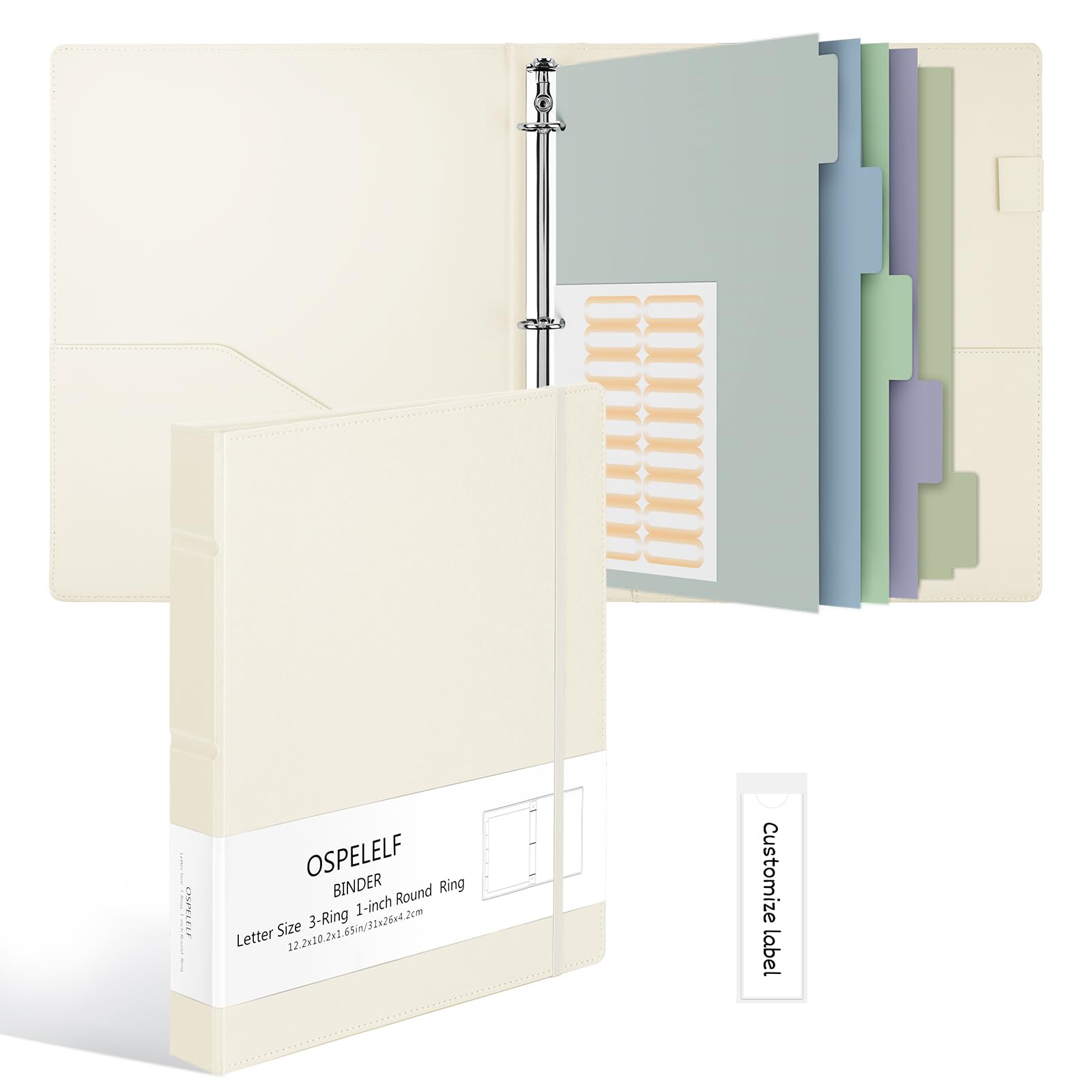 Ospelelf Vintage Hardcover 3 Ring 1 inch Leather Binder, Professional Binders Organizer Suitable for Letter Size Documents, Binder Dividers with Tabs, Beige