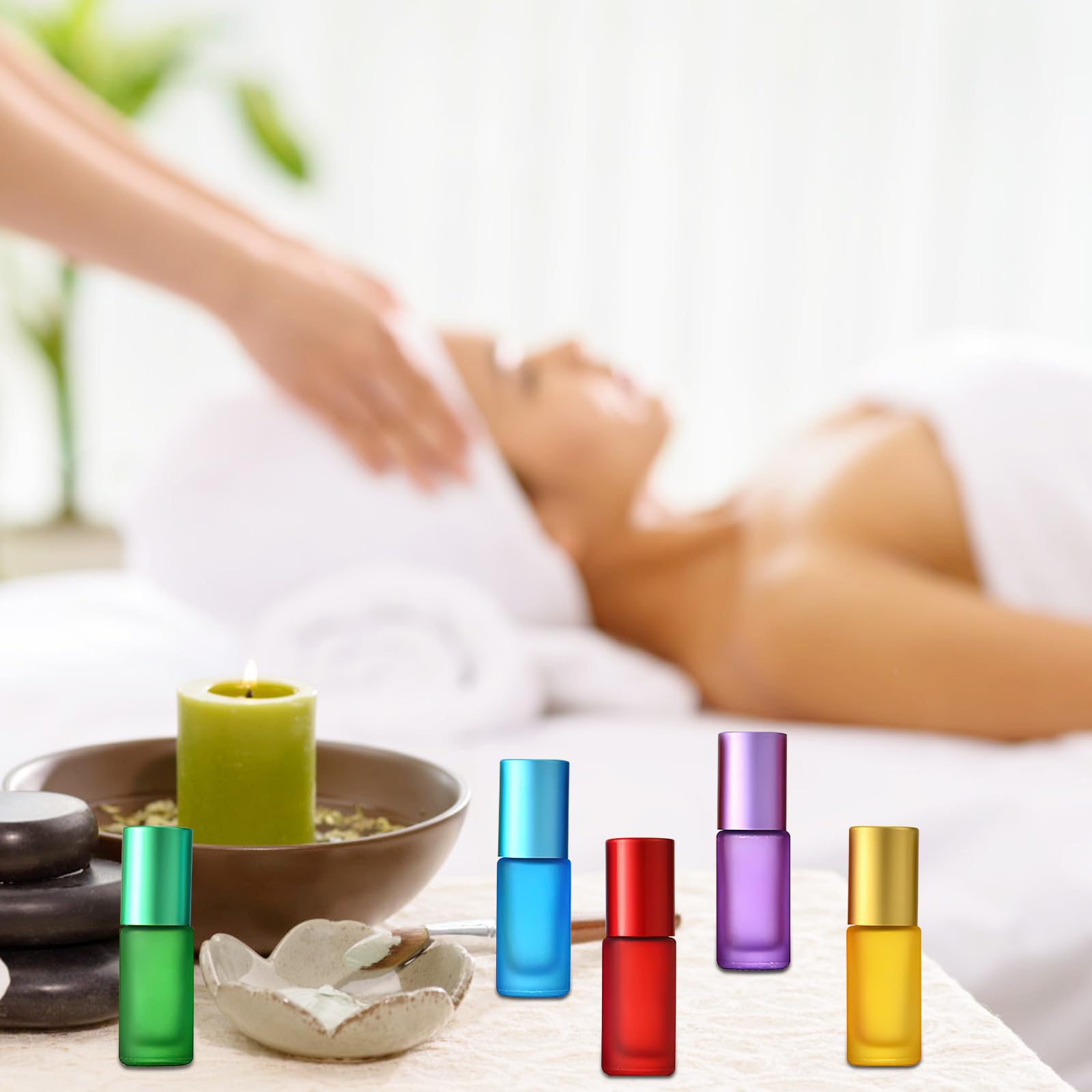 Botellas de cristal para aceite esencial 5 ml con rodillo de acero inoxidable, jeringas y embudo