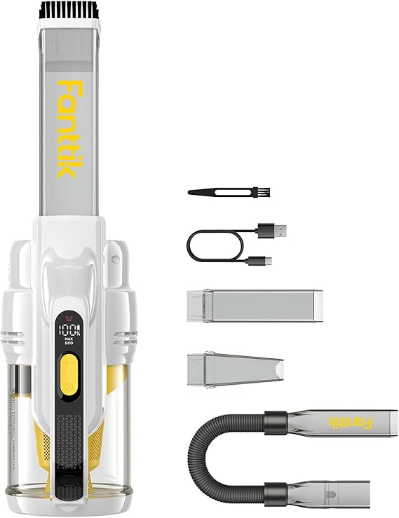 Fanttik V9 Mate Cordless Car Vacuum, 13000Pa Suction Power, 2-Hour Fast Charge, LED Display&LED Light, Portable Hand Vacuum for Car, Office Desk, Keyboards (White)
