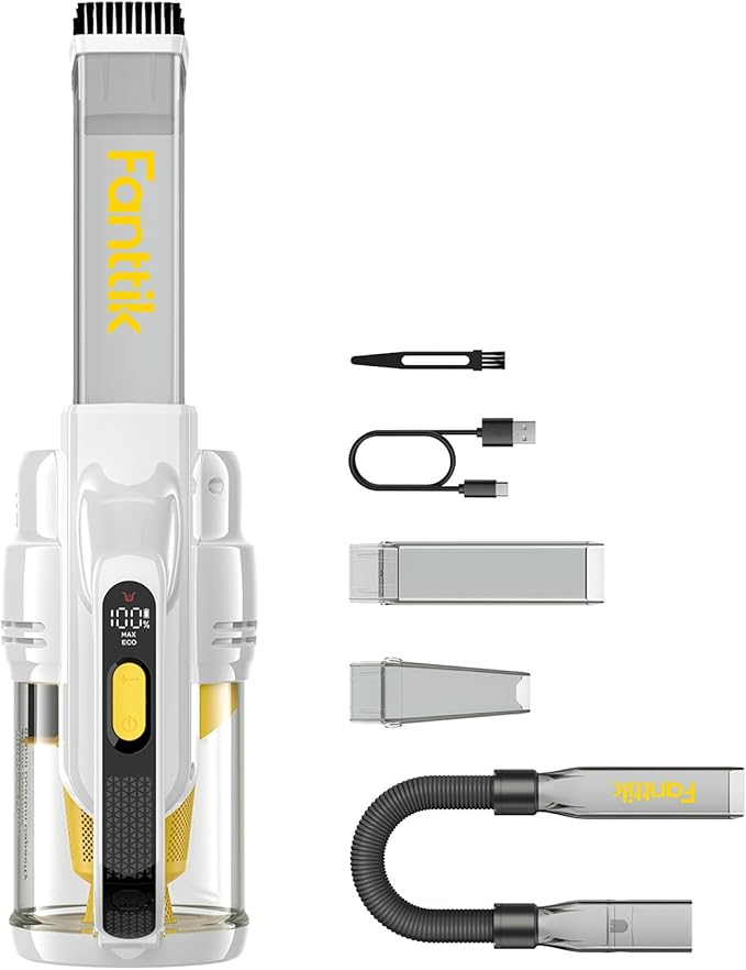 Fanttik V9 Mate Cordless Car Vacuum, 13000Pa Suction Power, 2-Hour Fast Charge, LED Display&LED Light, Portable Hand Vacuum for Car, Office Desk, Keyboards (White)