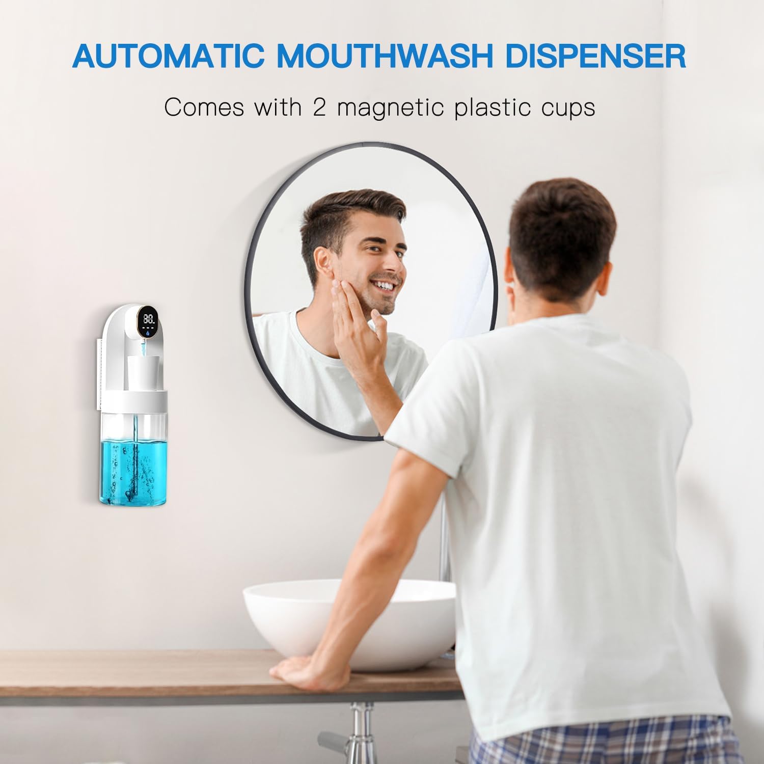 Upgraded Automatic Mouthwash Dispenser for Bathroom, 21.12 oz(600 ml) Touchless Smart Mouth Wash Dispenser 2 Magnetic Holder, 4 Dispensing Levels Wall Mounted Mouthwash Dispenser for Kids Adult(White)