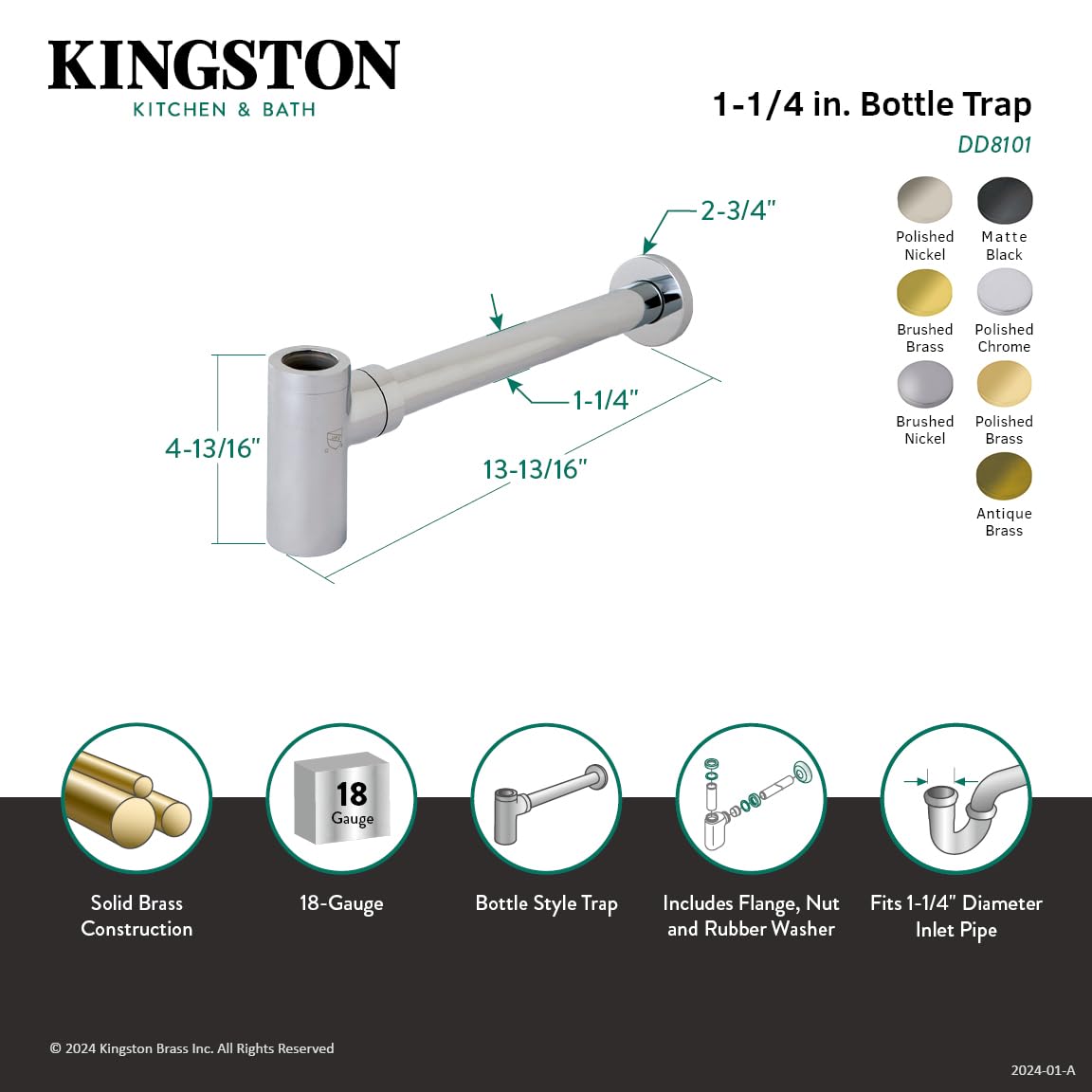 Kingston Brass DD8106 - Sifón redondo para botella (latón, níquel pulido)