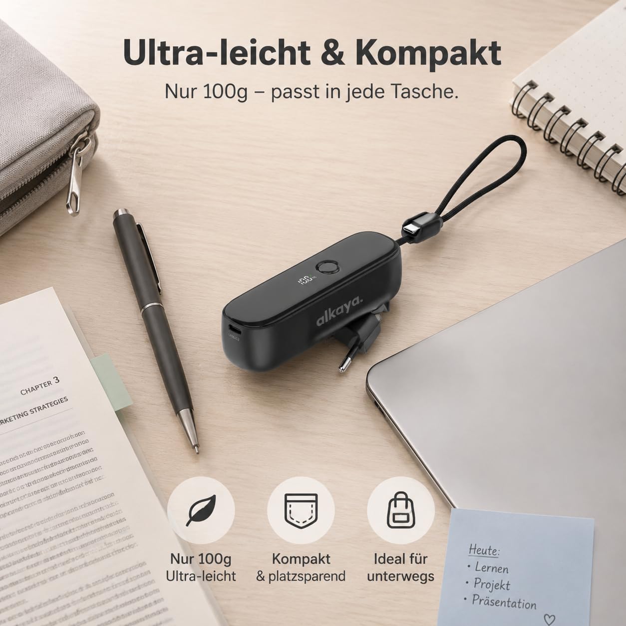 Alkaya Banque d'alimentation 2 en 1 5000 mAh avec prise murale UE pliable, charge super rapide USB-C 22 W, indicateur de pourcentage LED, seulement 157 g, batterie externe portable pour bureau, voyage