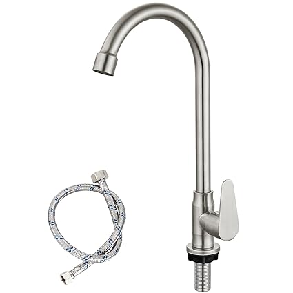 Brushed Nickel Kitchen Faucet Cold Water Only Deck Mounted 360 Degree Swivel Spout Sink Tab SUS304 Stainless Steel High Arc Spout Lead Free Faucet (Drain Not Included)