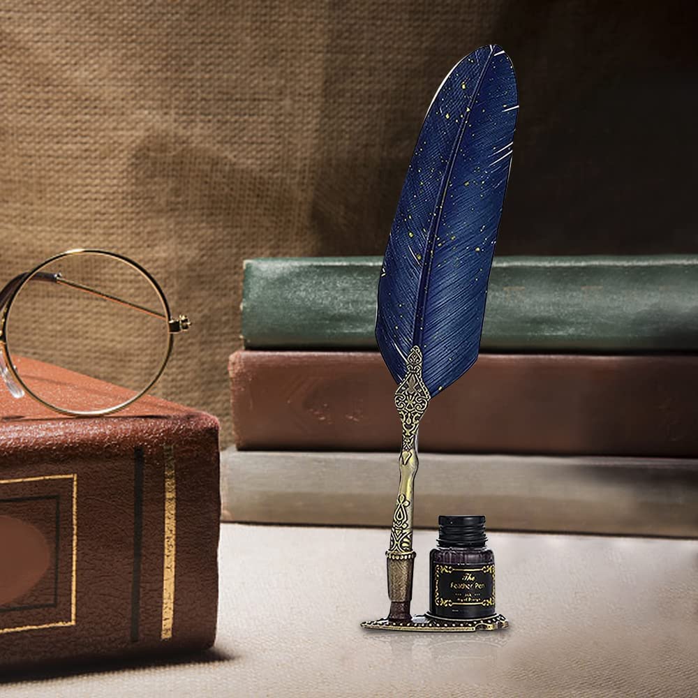 WOLBLIX Feather Pen and Ink Set, Mechanic Style Quill Calligraphy Pen with Ink, 2 Replacement Nibs and Pen Holder, Vintage Signature Fountain Pen Dip Pen Gift Set (Blue) 1