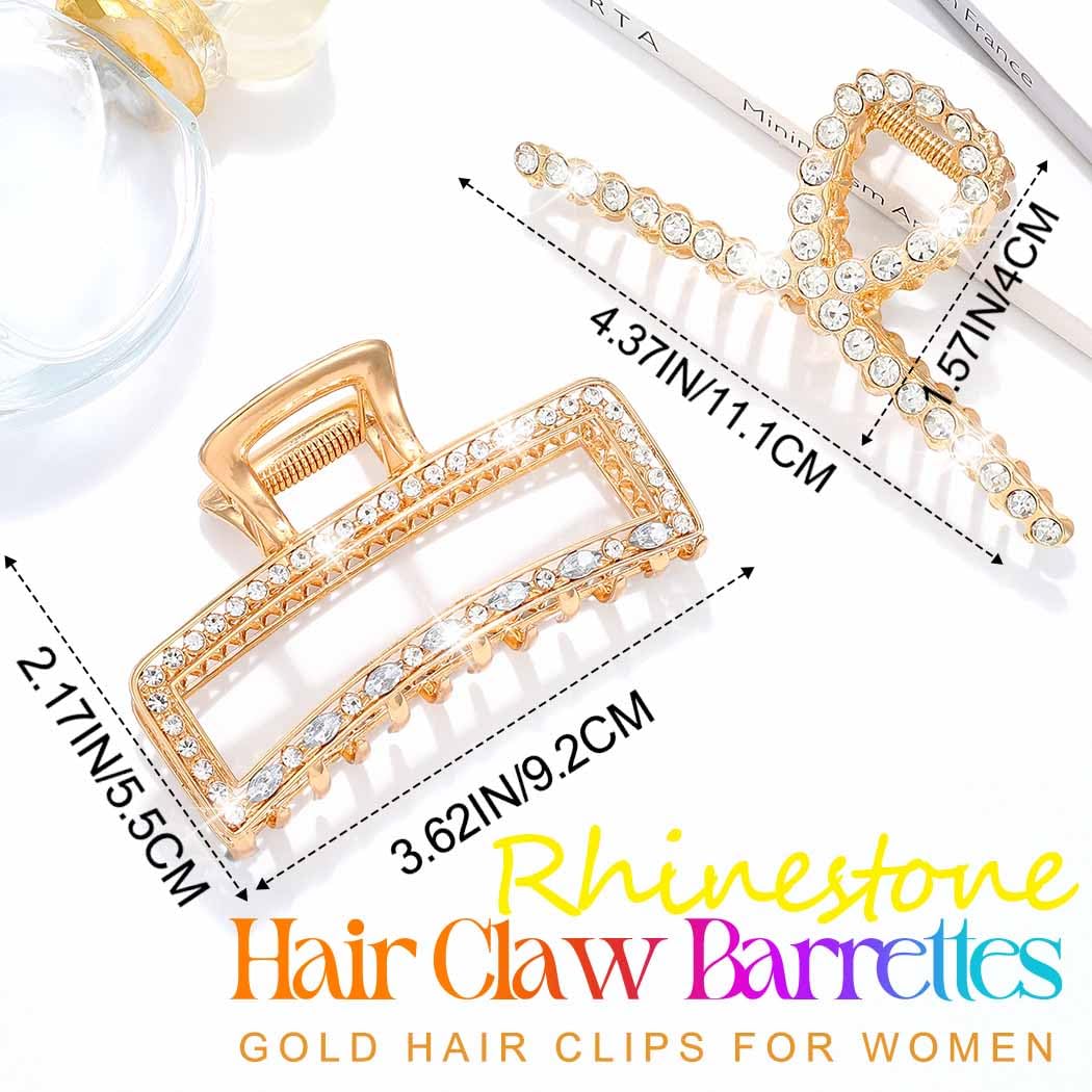 BARTOSI Fancy Hair Clips Gold Rhinestone Claw Clips Metal Hair Claw Hair Accessories for Women and Girls (Pack of 2)