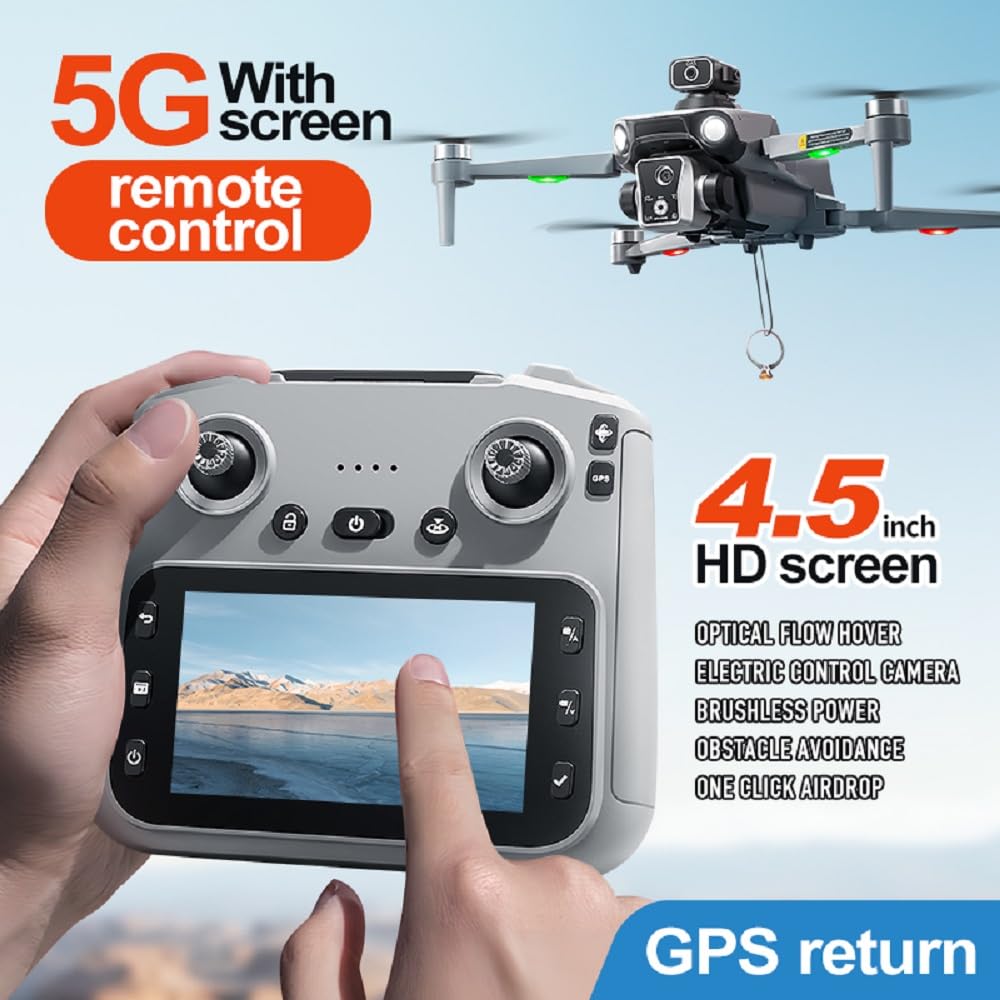 K19 GPS Drone with 4.5-inch Screen Controller with SD card, Unmanned Aerial Vehicle Airdrop, Brushless Motor, Optical Flow Localization, Active Obstacle Avoidance, 2 batteries.