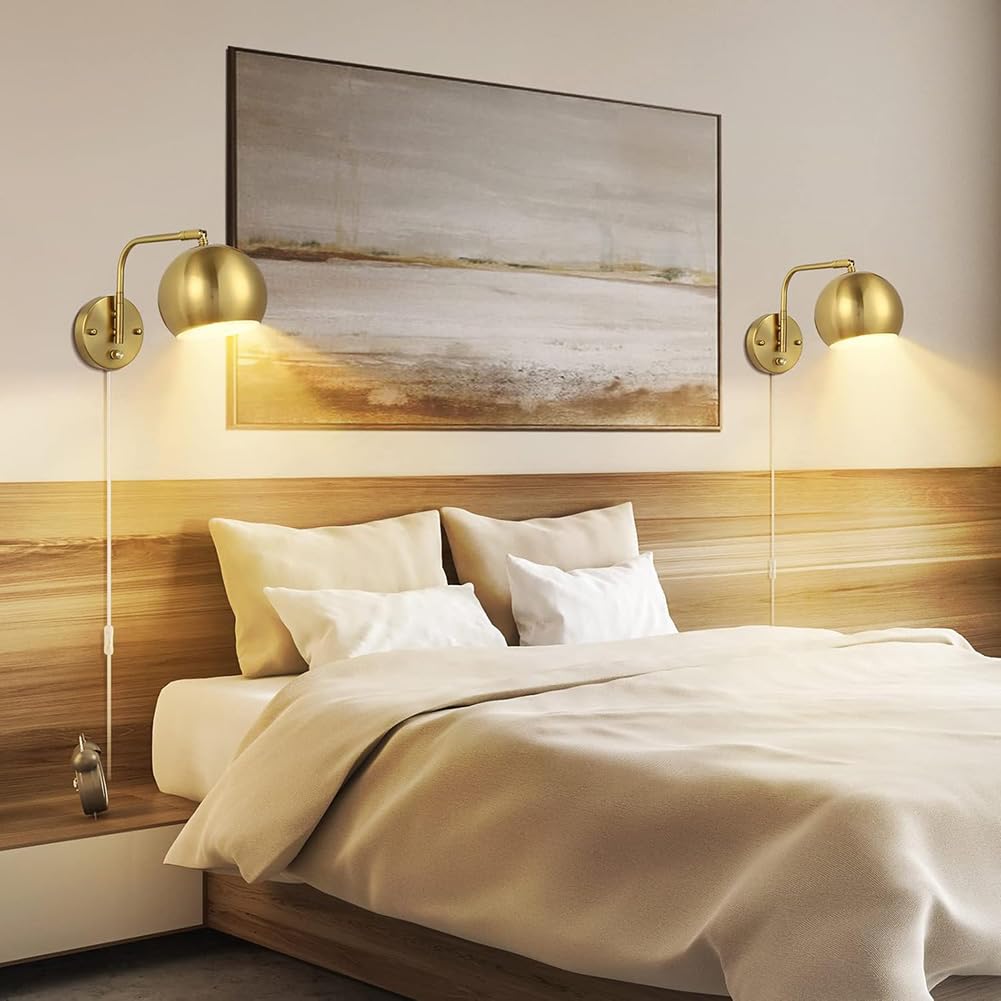 Gold Wandlampe Dimmbar mit Schalter Innen Wandleuchte mit Schalter und Stecker Drehbar Wandbeleuchtung Retro Industrial Verstellbare Wand Leselampe für Wohnzimmer, Schlafzimmer, Büro,1 stück