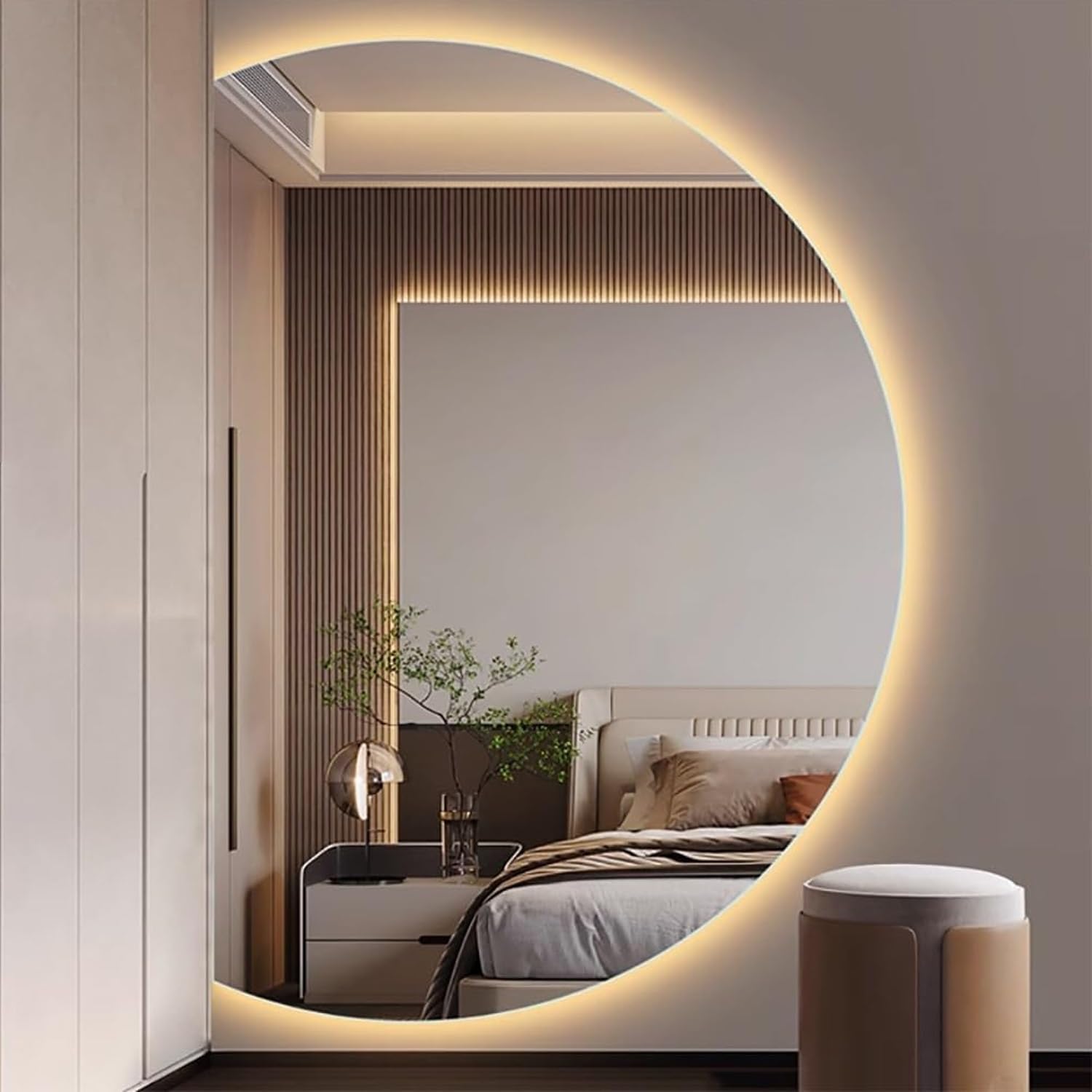 Inteligentne lustro łazienkowe LED 33 x 117 cm, przeciwmgielne, półksiężyc, Vani, ściemniane, 3-kolorowy przełącznik dotykowy, podświetlane lusterko do makijażu do wystroju domu (lewe cięcie)