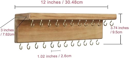 Miniatura 2 de SANY DAYO HOME Organizador de joyas con 24 ganchos y estante para cosméticos, 12 x 3 x 4 pulgadas, soporte de madera de pino rústico montado en la