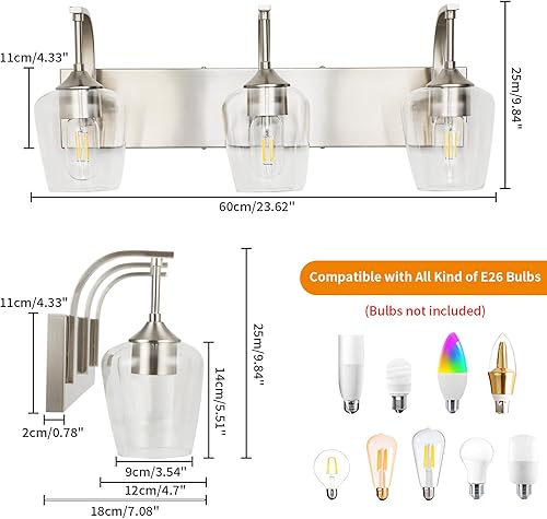 Miniatura 7 de Lámpara de baño de níquel cepillado de 3 luces con pantalla de vidrio transparente, luces de pared modernas de 23.62 pulgadas para dormitorio,