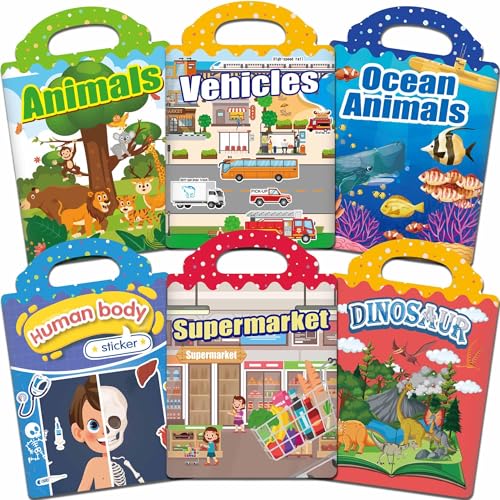 6 Libros de Pegatinas Reutilizables para Niños 2 3 4 Años,Sticker Book Infantil con Dinosaurios,Animales,Vehículos, Océano,Supermercado y Cuerpo Humano,Juegos Educativos de Viaje,Regalo Niño Niña